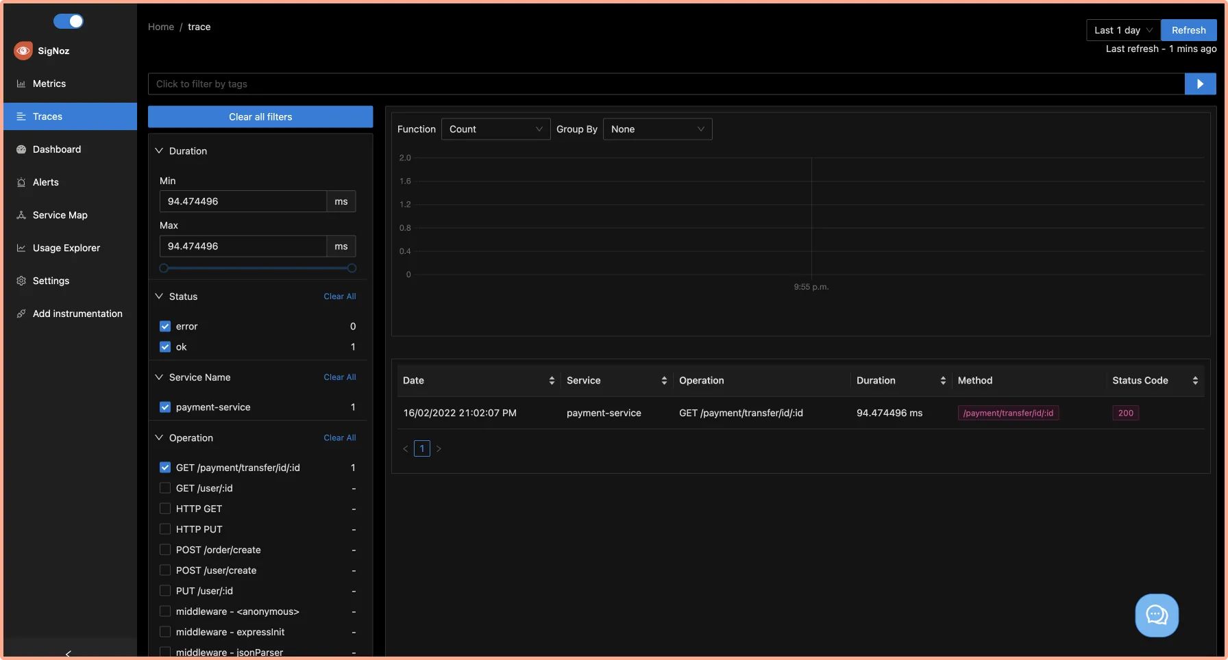 Events table in traces filter tab
