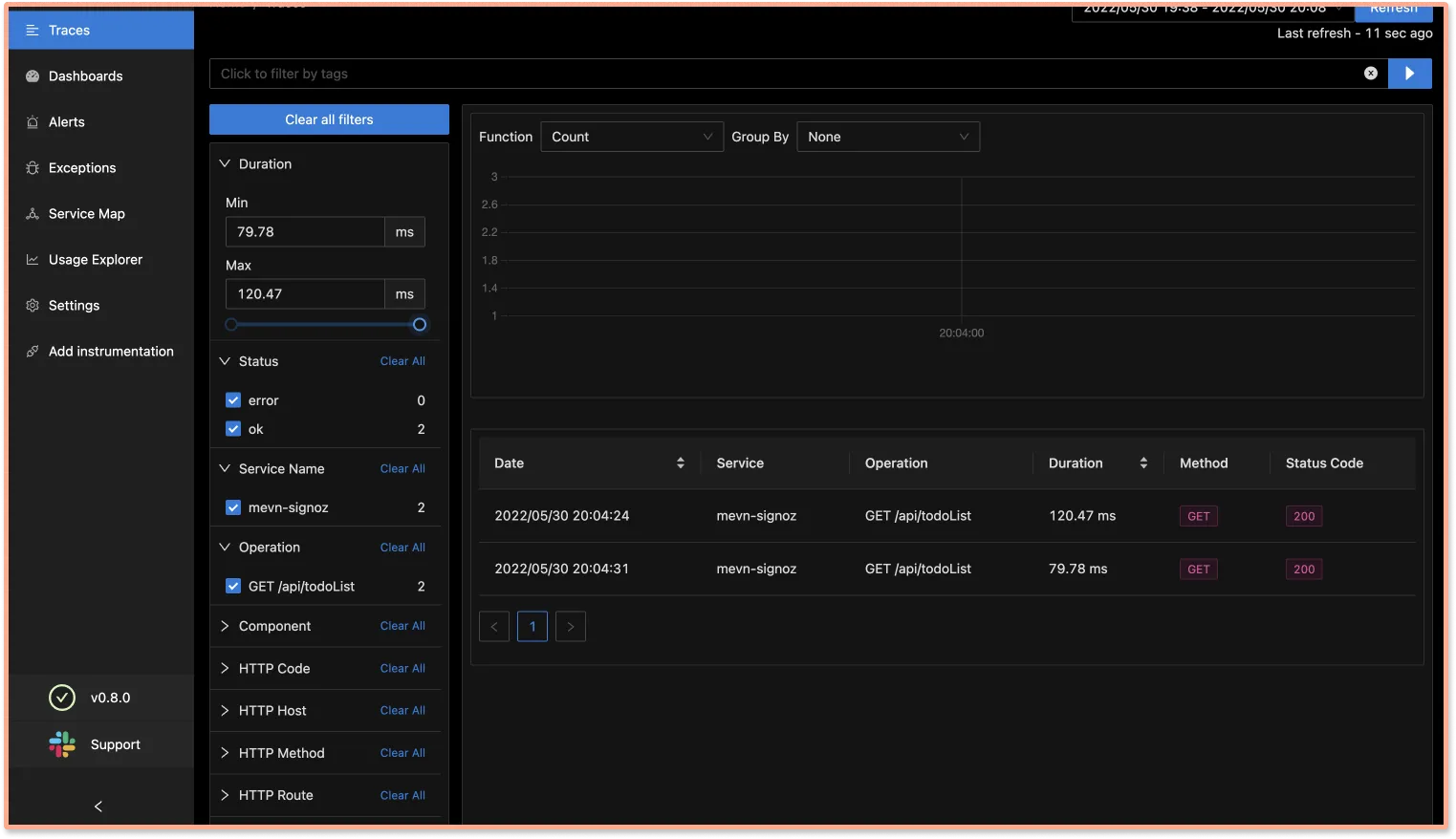 Traces tab on SigNoz