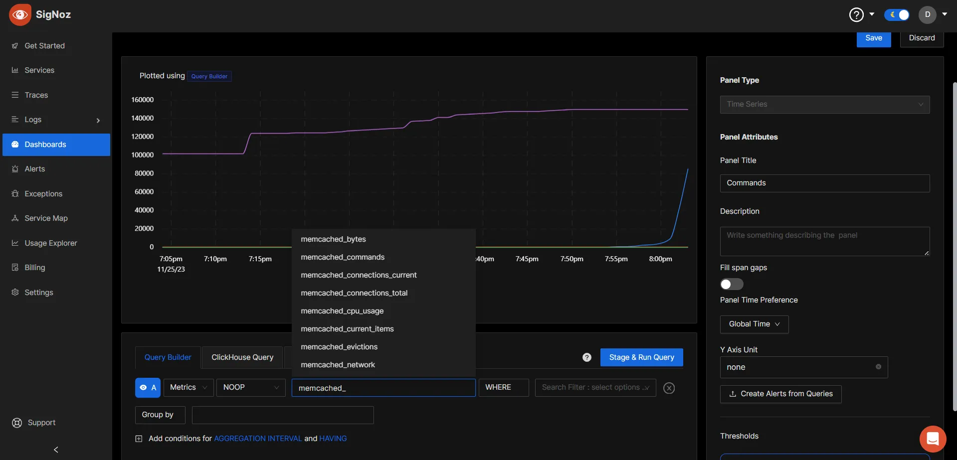 Collected Memcached metrics for visualization