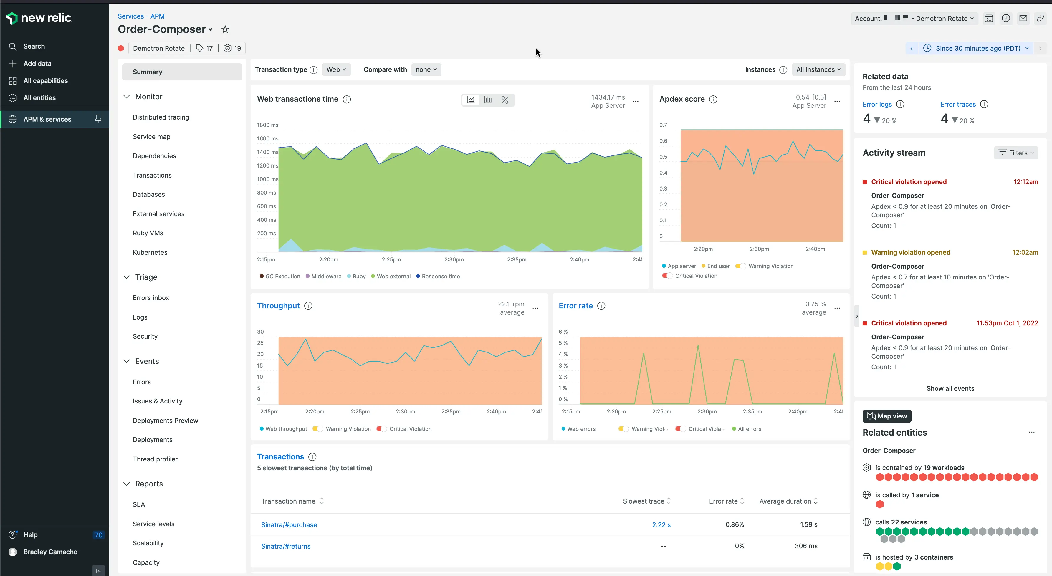 New Relic dashboard