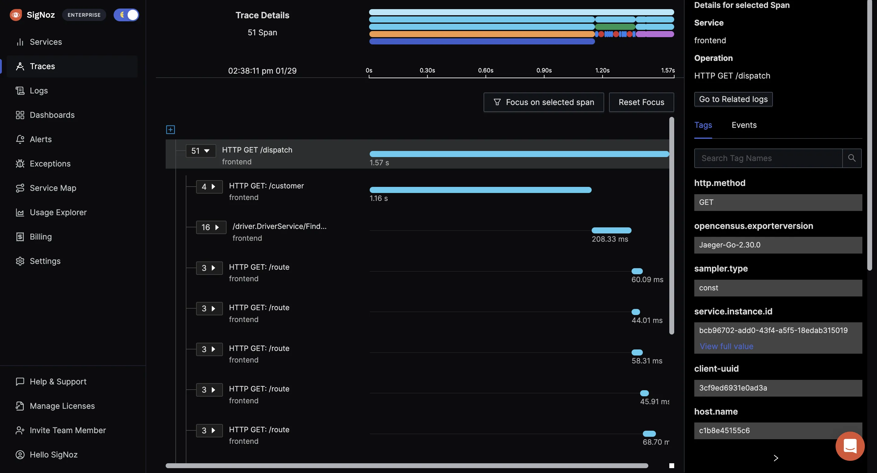 Distributed tracing visualized with flamegraphs on SigNoz dashboard