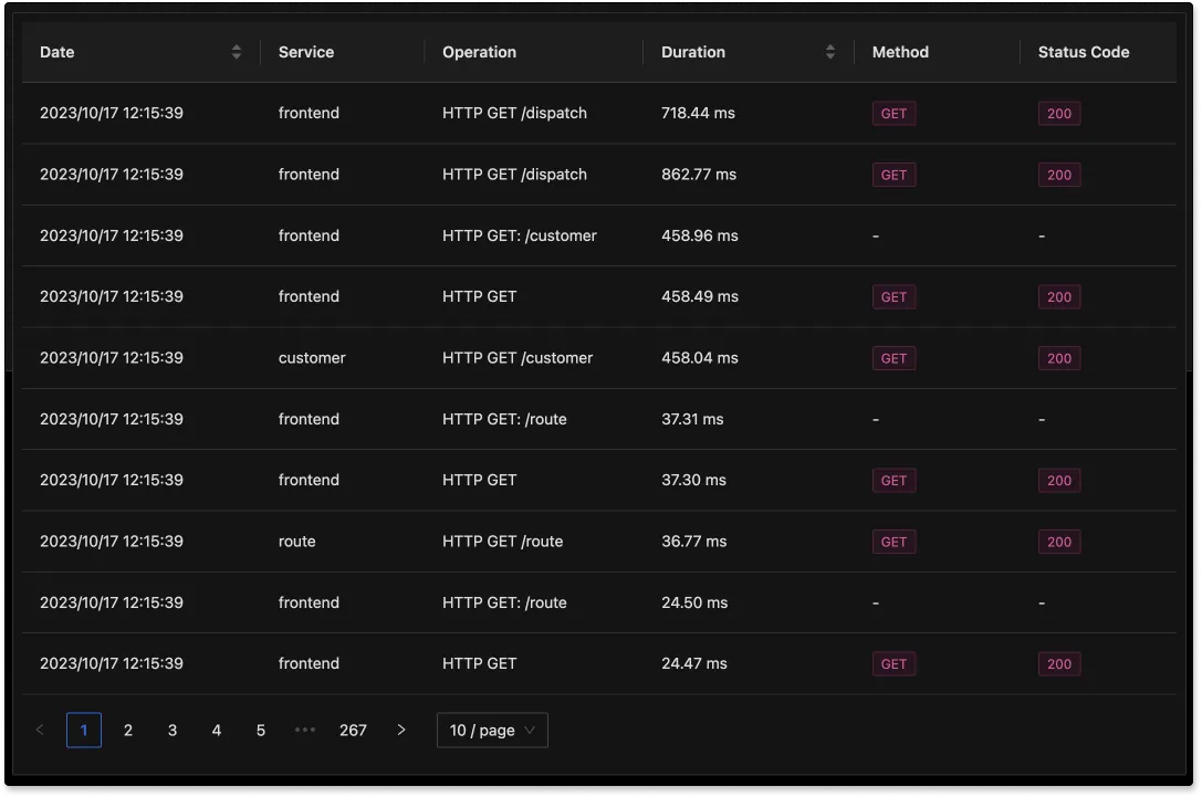 List view of spans has all the spans around a particular timestamp