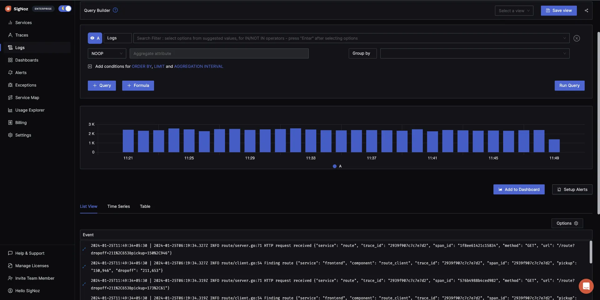 Logs Collected using OpenTelemetry and visualized in SigNoz