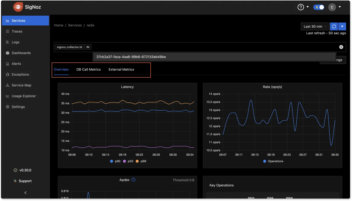 SigNoz UI showing the three panes on Applications details, i.e., Application Monitoring(Overview), Database call metrics, External Metrics