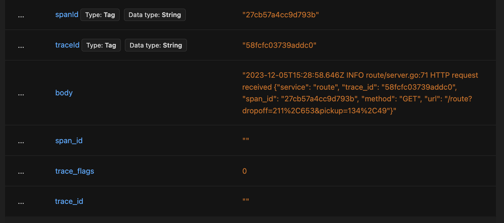 A log with trace information in log attributes named traceId and spanId, while span_id and trace_id fields are empty